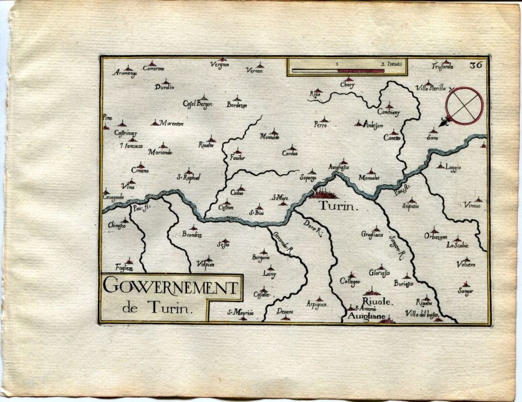 1634 Nicolas Tassin Map Turin, Torino, Rivoli, Avigliana, Volpiano, Orbassano, Piedmont, Italy Antique