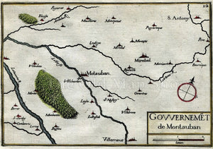1634 Nicolas Tassin Map Montauban, Villemur sur Tarn, Mirabel, Tarn et Garonne, France Antique