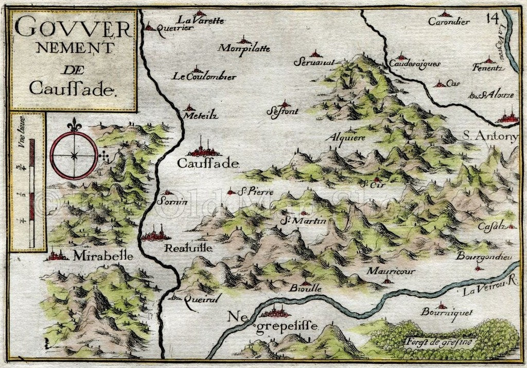 1634 Nicolas Tassin Map Caussade, Negrepelisse, Mirabel, Montricoux, Tarn et Garonne, Midi Pyrenees, France Antique