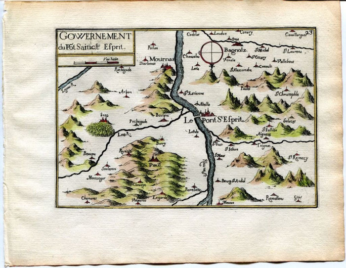 1634 Nicolas Tassin Map Pont Saint Esprit, Mornas, Bollene, Bagnols sur Ceze, Gard, Languedoc Roussillon, France Antique