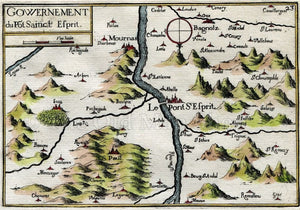 1634 Nicolas Tassin Map Pont Saint Esprit, Mornas, Bollene, Bagnols sur Ceze, Gard, Languedoc Roussillon, France Antique