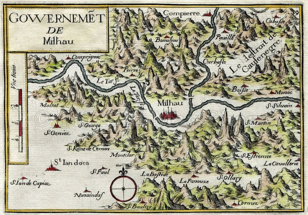 1634 Nicolas Tassin Map Millau, Compeyre, La Cavalerie, Saint Rome de Cernon, Aveyron, Midi Pyrenees, France Antique