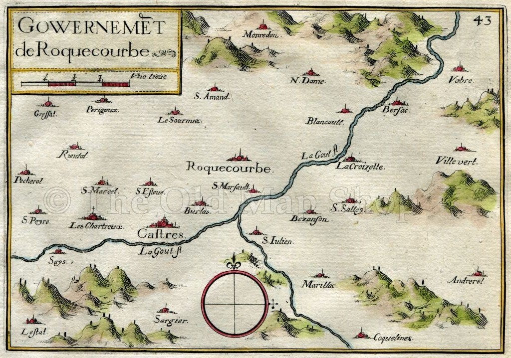 1634 Nicolas Tassin Map Roquecourbe, Castres, Saix, Lacrouzette, Vabre, Tarn, Midi Pyrenees, France Antique