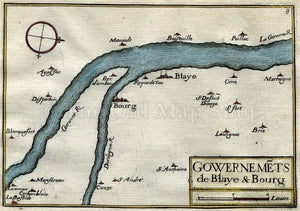 1634 Nicolas Tassin Map Bourg, Blaye, Blanquefort, Lormont, Saint Andre de Cubzac, Gironde, Aquitaine, France Antique