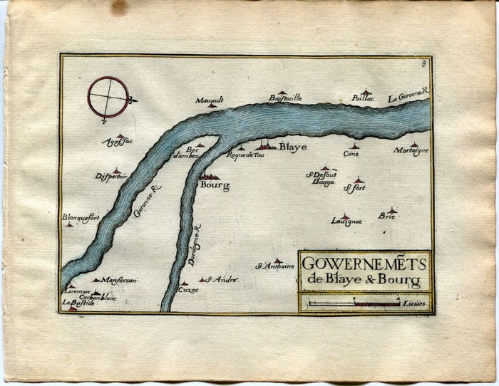 1634 Nicolas Tassin Map Bourg, Blaye, Blanquefort, Lormont, Saint Andre de Cubzac, Gironde, Aquitaine, France Antique
