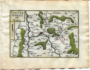 1634 Nicolas Tassin Map Nevers, Imphy, Marzy, Varennes Vauzelles, Nievre, Burgundy, France Antique