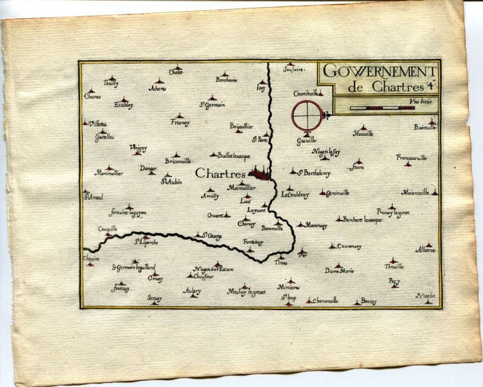 1634 Nicolas Tassin Map Chartres, Le Coudray, Morancez, Thivars, Saint Prest, Eure et Loir, Centre, France Antique