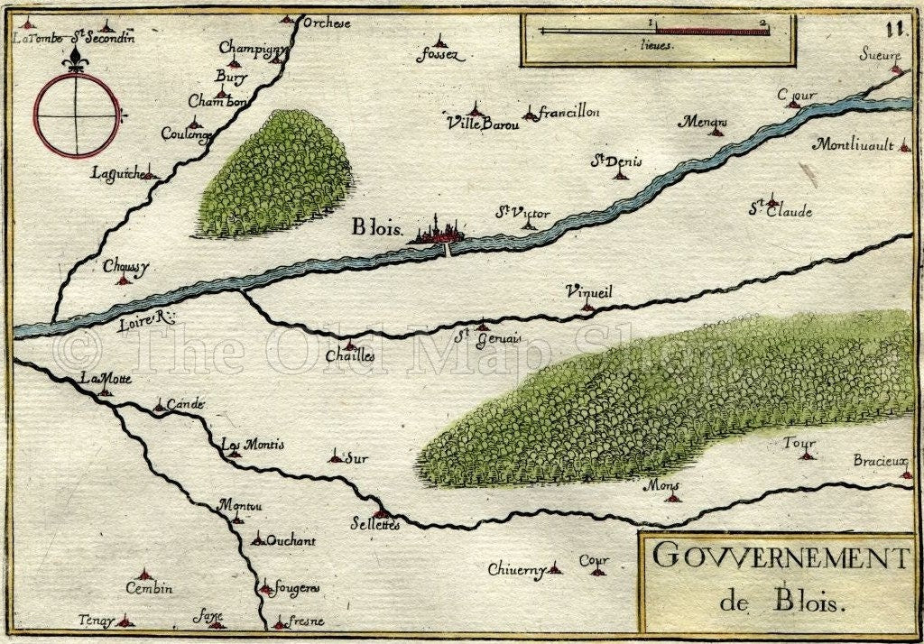 1634 Nicolas Tassin Map Blois, Vineuil, Cellettes, Suevres, Bracieux, Loir et Cher, Centre, France Antique