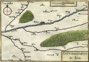 1634 Nicolas Tassin Map Blois, Vineuil, Cellettes, Suevres, Bracieux, Loir et Cher, Centre, France Antique