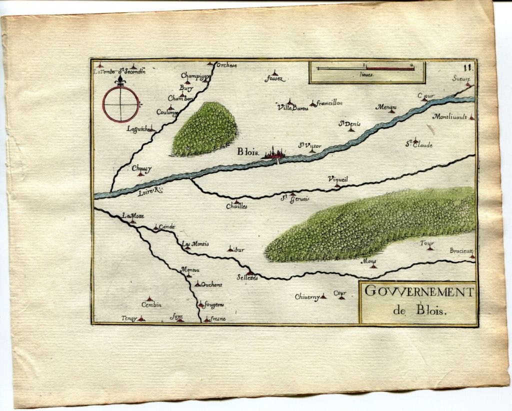 1634 Nicolas Tassin Map Blois, Vineuil, Cellettes, Suevres, Bracieux, Loir et Cher, Centre, France Antique