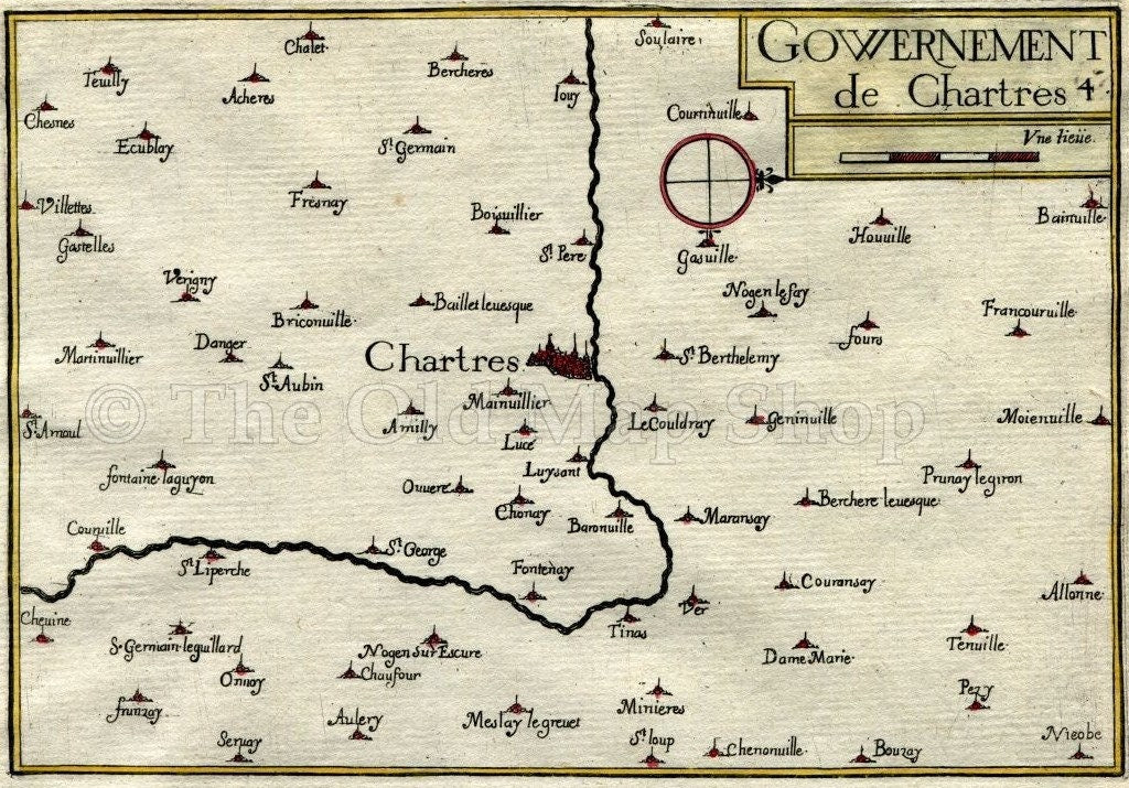 1634 Nicolas Tassin Map Chartres, Le Coudray, Morancez, Thivars, Saint Prest, Eure et Loir, Centre, France Antique
