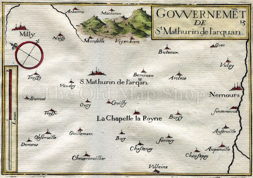 1634 Nicolas Tassin Map Larchant, Nemours, Milly la Foret, La Chapelle la Reine, Seine et Marne, Ile de France Antique