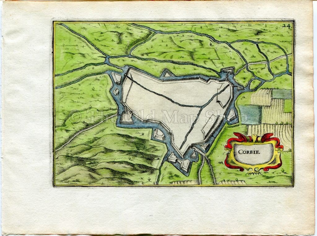 1634 Nicolas Tassin Corbie, Map, Plan, Fort, Fortifications, Somme, Picardy, France Antique