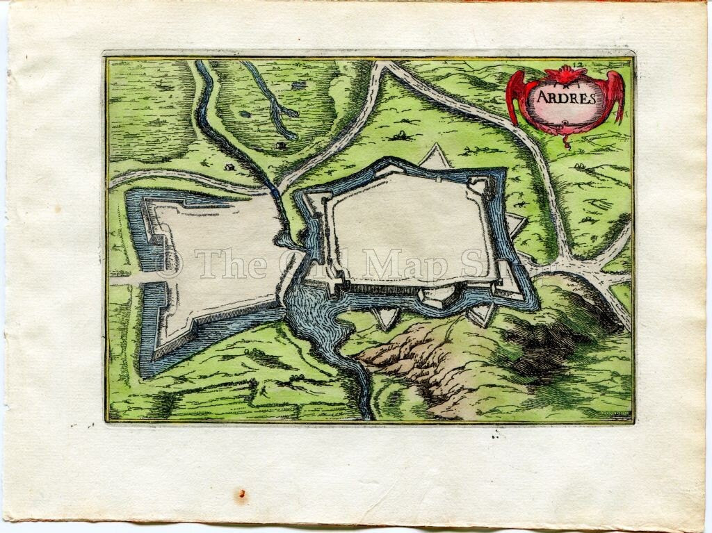 1634 Nicolas Tassin Ardres, Map, Plan, Fort, Fortifications, Nord Pas de Calais, France Antique