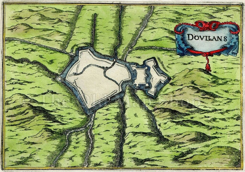1634 Nicolas Tassin Doullens, Map, Plan, Fort, Fortifications, Somme, Picardy, France Antique