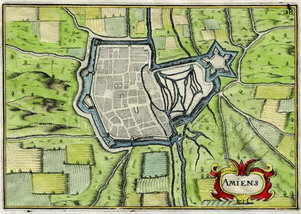 1634 Nicolas Tassin Amiens, Map, Plan, Fort, Fortifications, Somme, Picardy, France Antique
