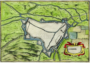 1634 Nicolas Tassin Corbie, Map, Plan, Fort, Fortifications, Somme, Picardy, France Antique