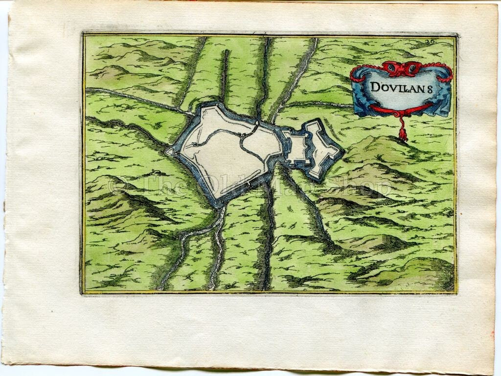 1634 Nicolas Tassin Doullens, Map, Plan, Fort, Fortifications, Somme, Picardy, France Antique