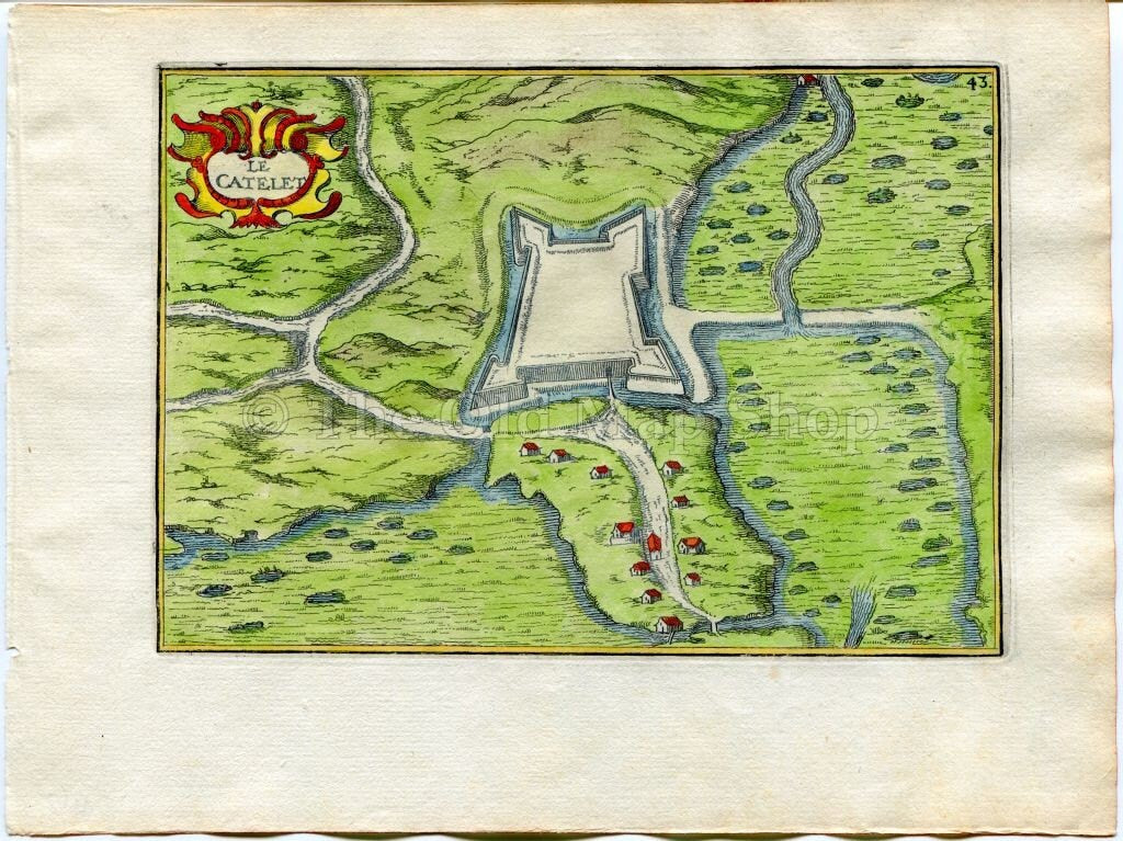 1634 Nicolas Tassin Le Catelet, Map, Plan, Fort, Fortifications, Aisne, Picardy, France Antique