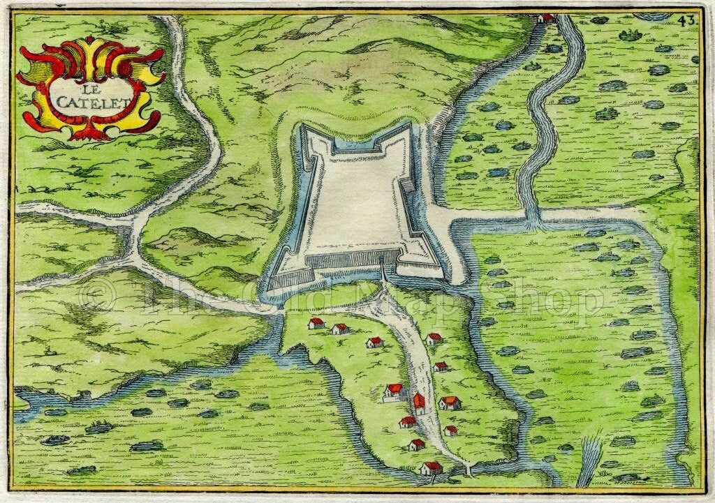 1634 Nicolas Tassin Le Catelet, Map, Plan, Fort, Fortifications, Aisne, Picardy, France Antique