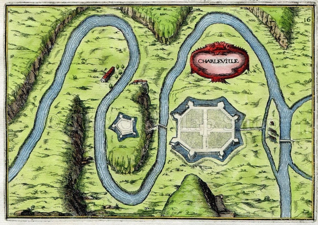 1634 Nicolas Tassin Charleville Mezieres, Map, Fortifications, Fort, Ardennes, Champagne Ardenne, France Antique