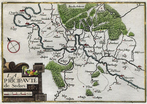 1634 Nicolas Tassin Map Sedan, Donchery, Charleville Mezieres, Mouzon, Champagne Ardenne, France Antique