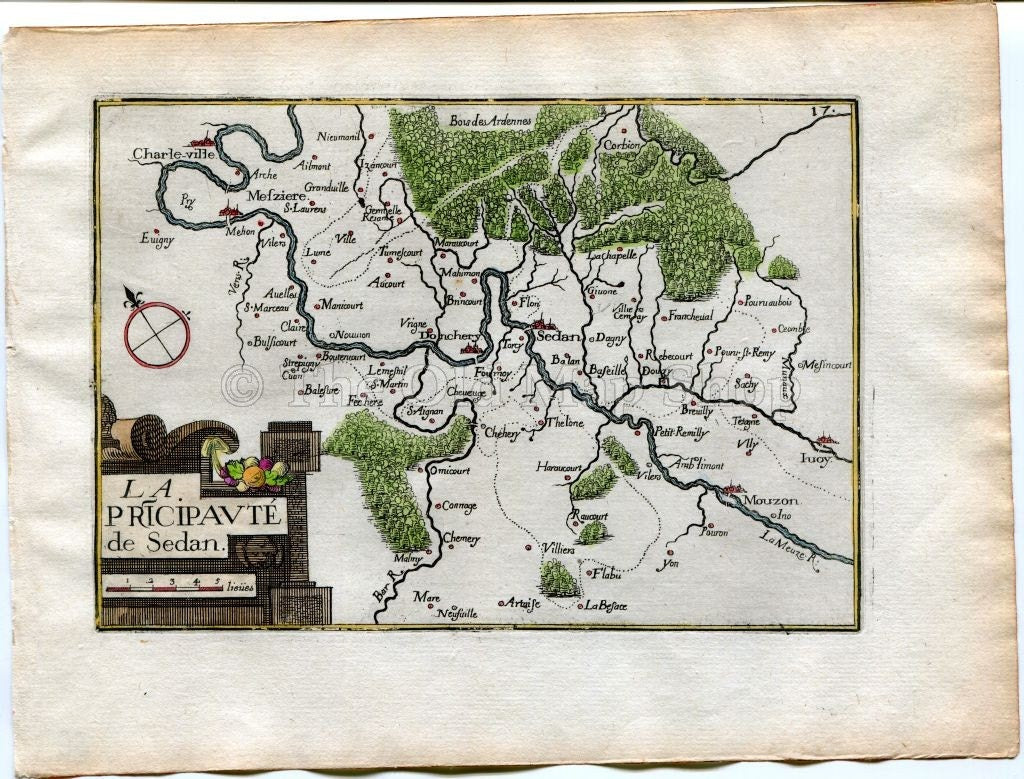 1634 Nicolas Tassin Map Sedan, Donchery, Charleville Mezieres, Mouzon, Champagne Ardenne, France Antique