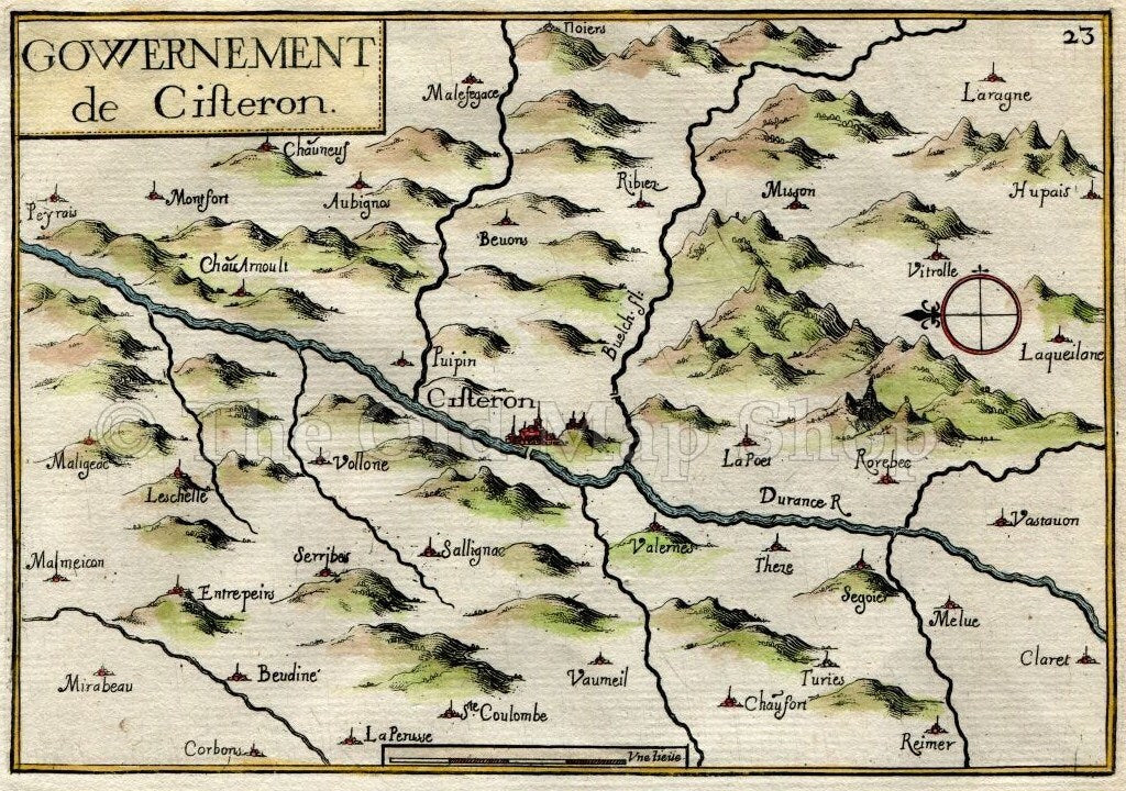 1634 Nicolas Tassin Map Sisteron, Alpes de Haute Provence, Provence Alpes Cote d'Azur, France Antique