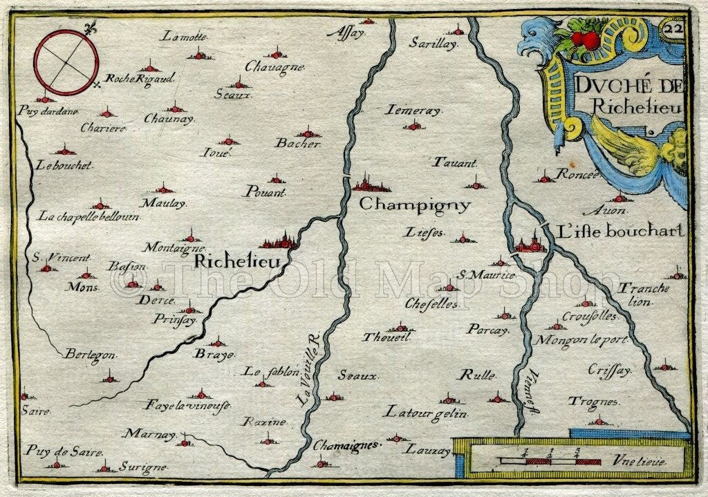 1634 Nicolas Tassin Map Richelieu, Champigny sur Veude, L'Ile Bouchard, Indre et Loire, Centre, France Antique Carte