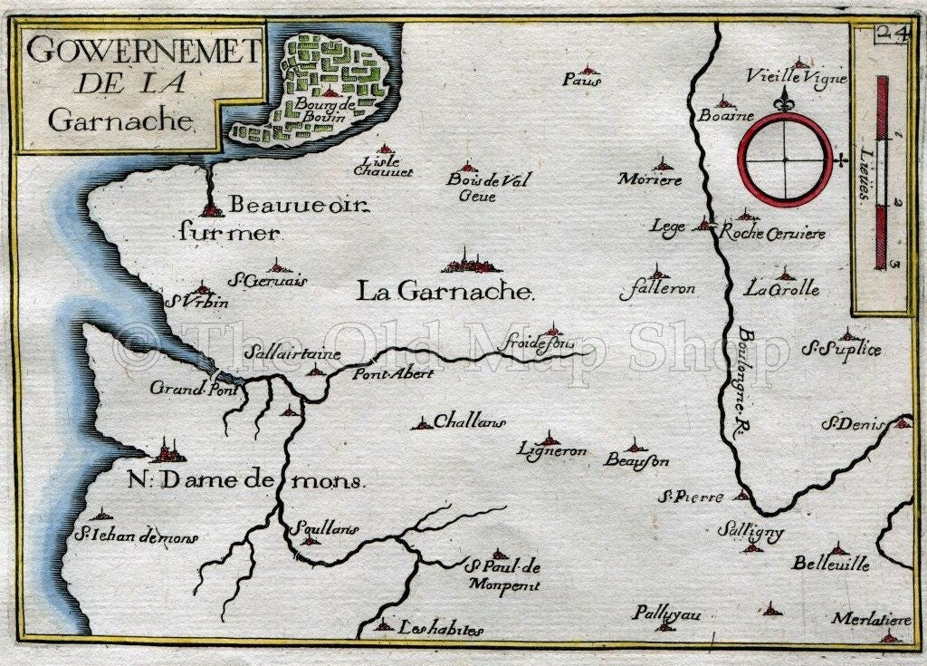 1634 Nicolas Tassin Map La Garnache, Challans, Beauvoir sur Mer, Bouin, Vendee, Pays de la Loire, France Antique Carte