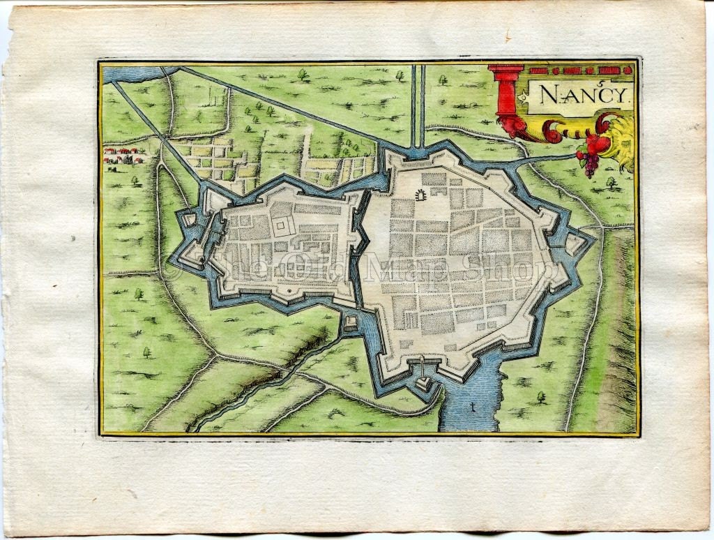 1634 Nicolas Tassin Map Nancy, Fortifications, Meurthe et Moselle, Lorraine, France Antique Carte