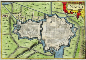 1634 Nicolas Tassin Map Nancy, Fortifications, Meurthe et Moselle, Lorraine, France Antique Carte