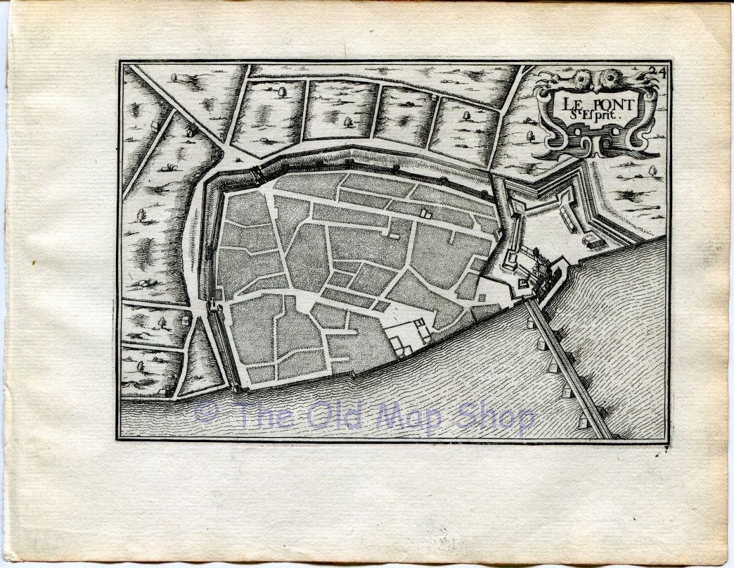 1634 Nicolas Tassin Map Pont-Saint-Esprit, Gard, Languedoc-Roussillon France Antique Carte