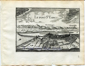 1634 Nicolas Tassin View Pont-Saint-Esprit, Gard, Languedoc-Roussillon France Antique Carte