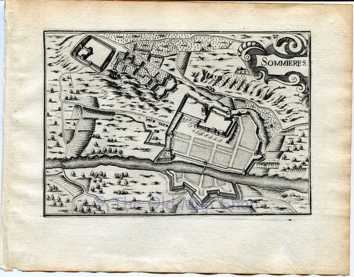 1634 Nicolas Tassin View, Map Sommieres, Gard, Languedoc-Roussillon France Antique Carte