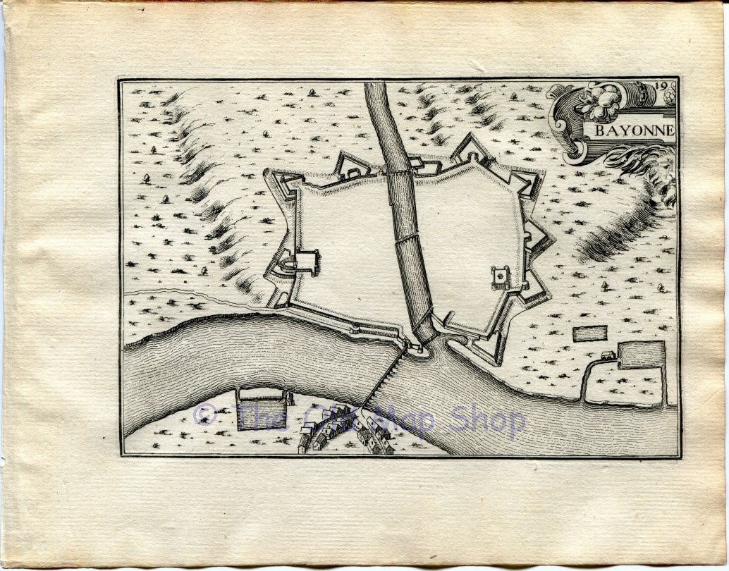 1634 Nicolas Tassin Map Bayonne, Pyrenees-Atlantiques, Aquitaine France Antique Carte