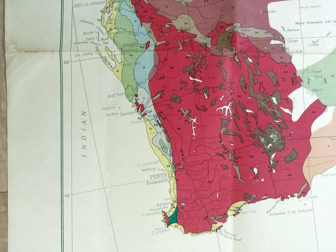 Rare 1952 Geological map of Australia & New Guinea. Royal Australian Survey Corps. Geology, Mineral, Mining, Prospecting, Pictorial Map